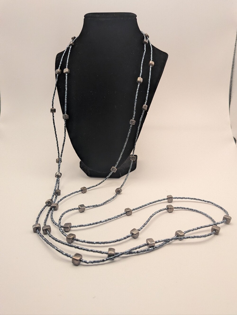 Vintage Y2K Super Long Silver And Blue Colored Beaded Layering Necklace